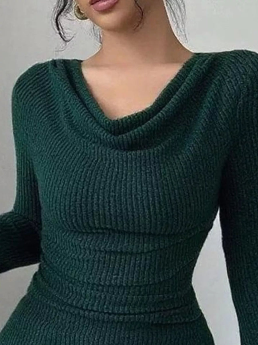 Green ribbed cowl neck top with asymmetrical ruching detail.