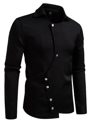 Black asymmetrical button detail shirt with classic collar and long sleeves.