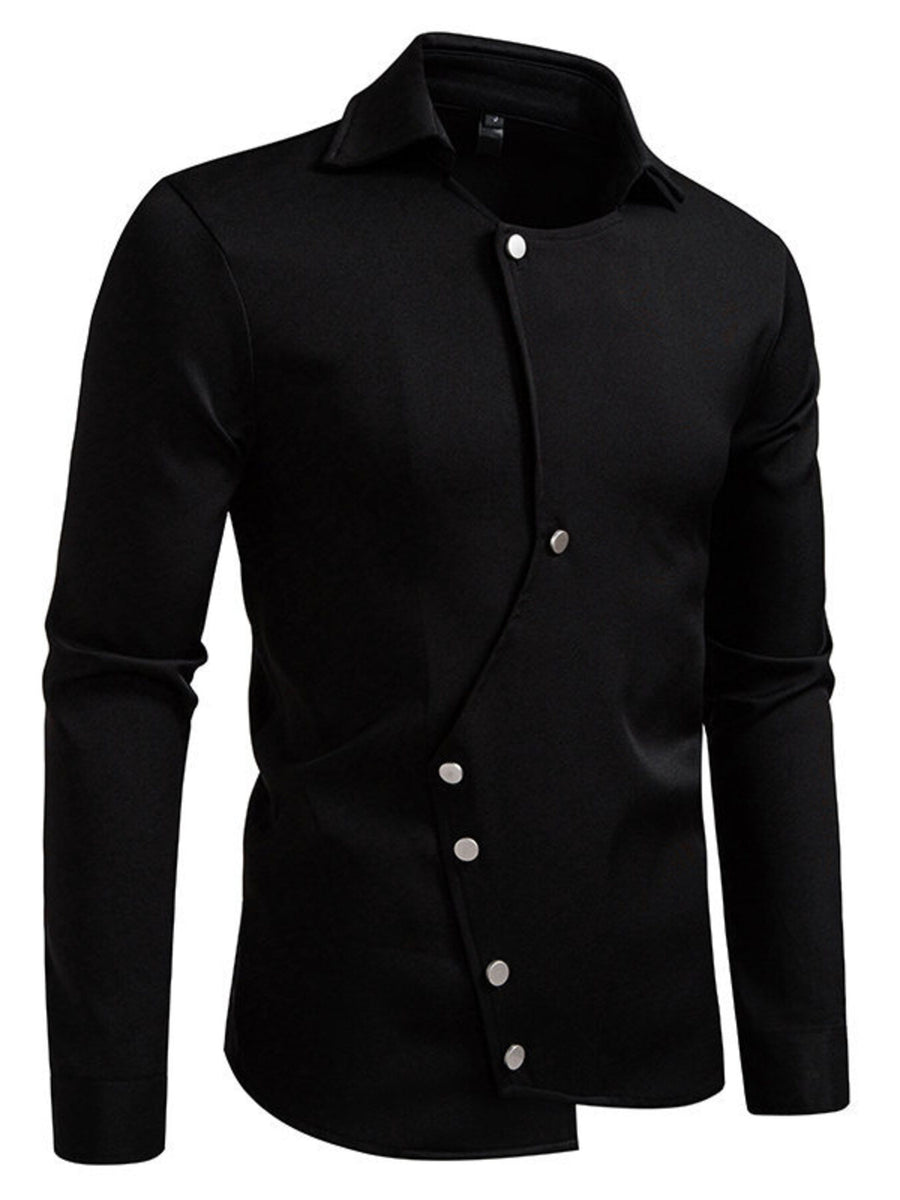 Black asymmetrical button detail shirt with classic collar and long sleeves.