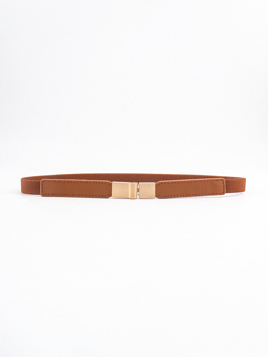 Caramel elasticated belt with gold buckle and leather detail