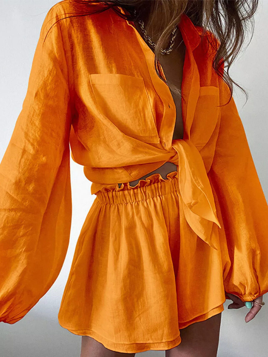 Tangerine relaxed two-piece shirt and shorts set with tie-front shirt and ruffled waist shorts