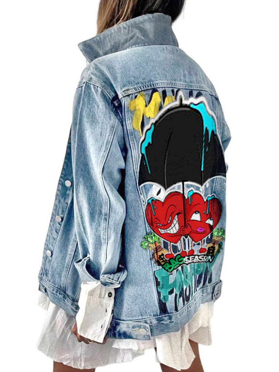 red denim jacket featuring buttoned and graphic print
