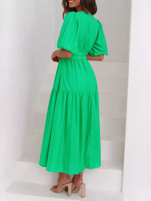 Elegant Puff Sleeve V-neck Midi Dress in Hot Pink