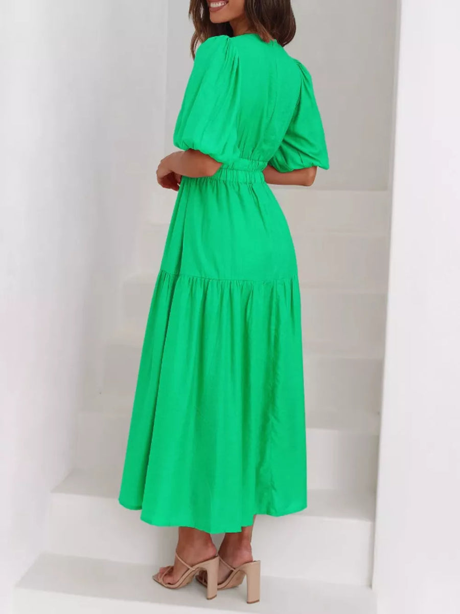 Elegant Puff Sleeve V-neck Midi Dress in Hot Pink