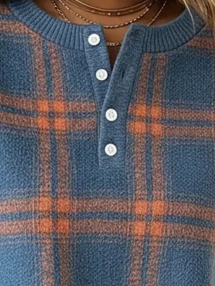 rust orange sweatshirt featuring buttoned and plaid
