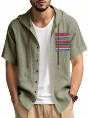 Men's short sleeve hooded shirt in Military Green with a patterned chest pocket and drawstring hood.