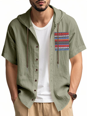 Men's short sleeve hooded shirt in Military Green with a patterned chest pocket and drawstring hood.