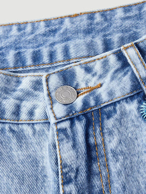 Blue wide-leg jeans with full-length and button-front