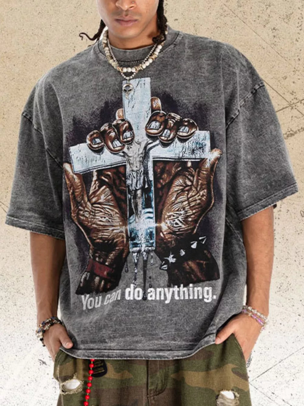 Men's acid-wash graphic t-shirt in Silver Gray with crew neck and vintage print.