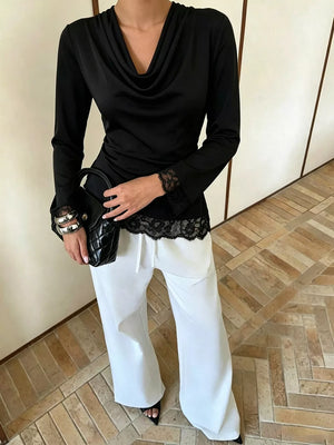 Black with Lace Trim Cowl Neck Blouse in Black