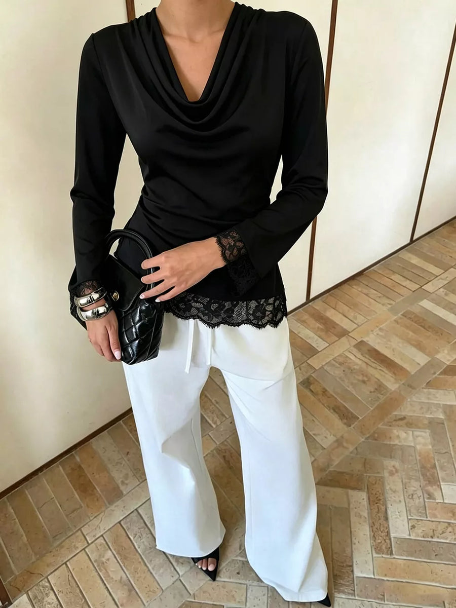 Black with Lace Trim Cowl Neck Blouse in Black