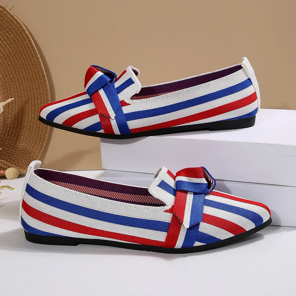 Knot Detail Knit Flats in Stripe pattern with red, white, and blue stripes.