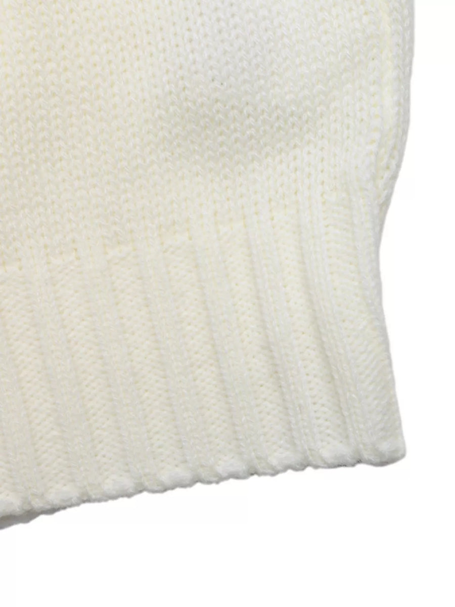 White acrylic knit sweater with ribbed hem detail
