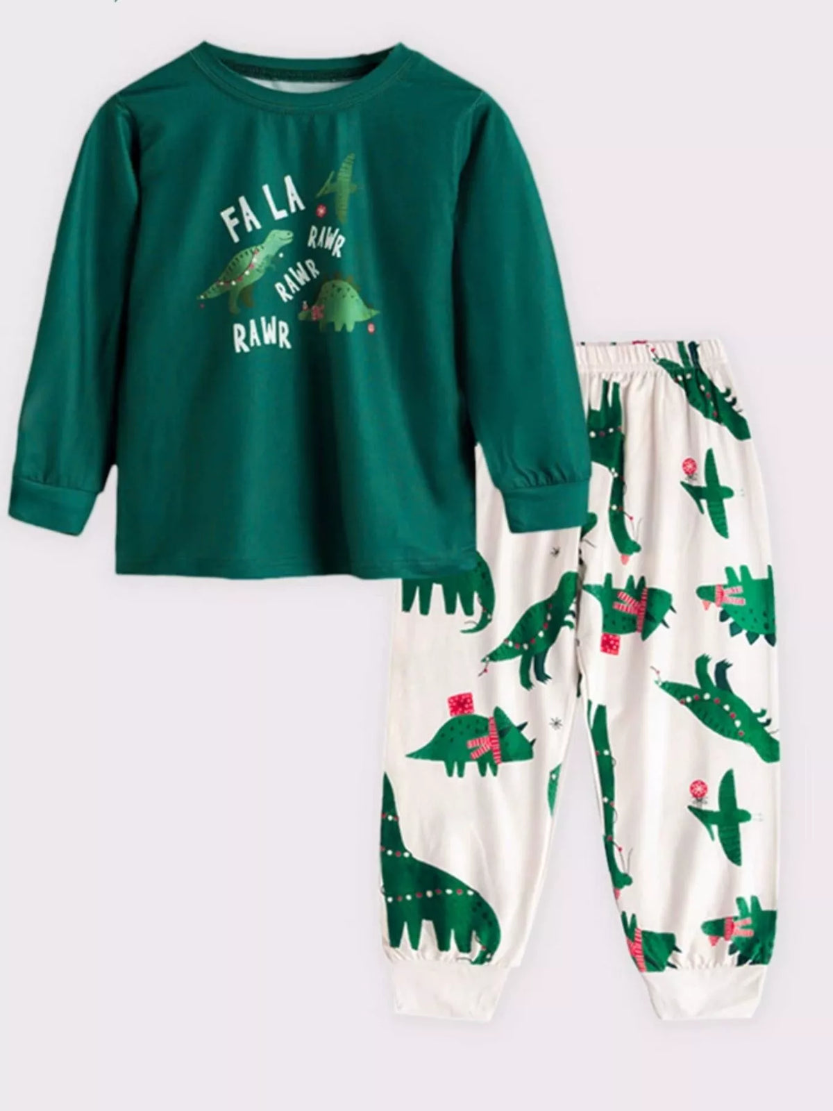Dark green long sleeve pajama top with dinosaur print and white pants with all-over dinosaur print.