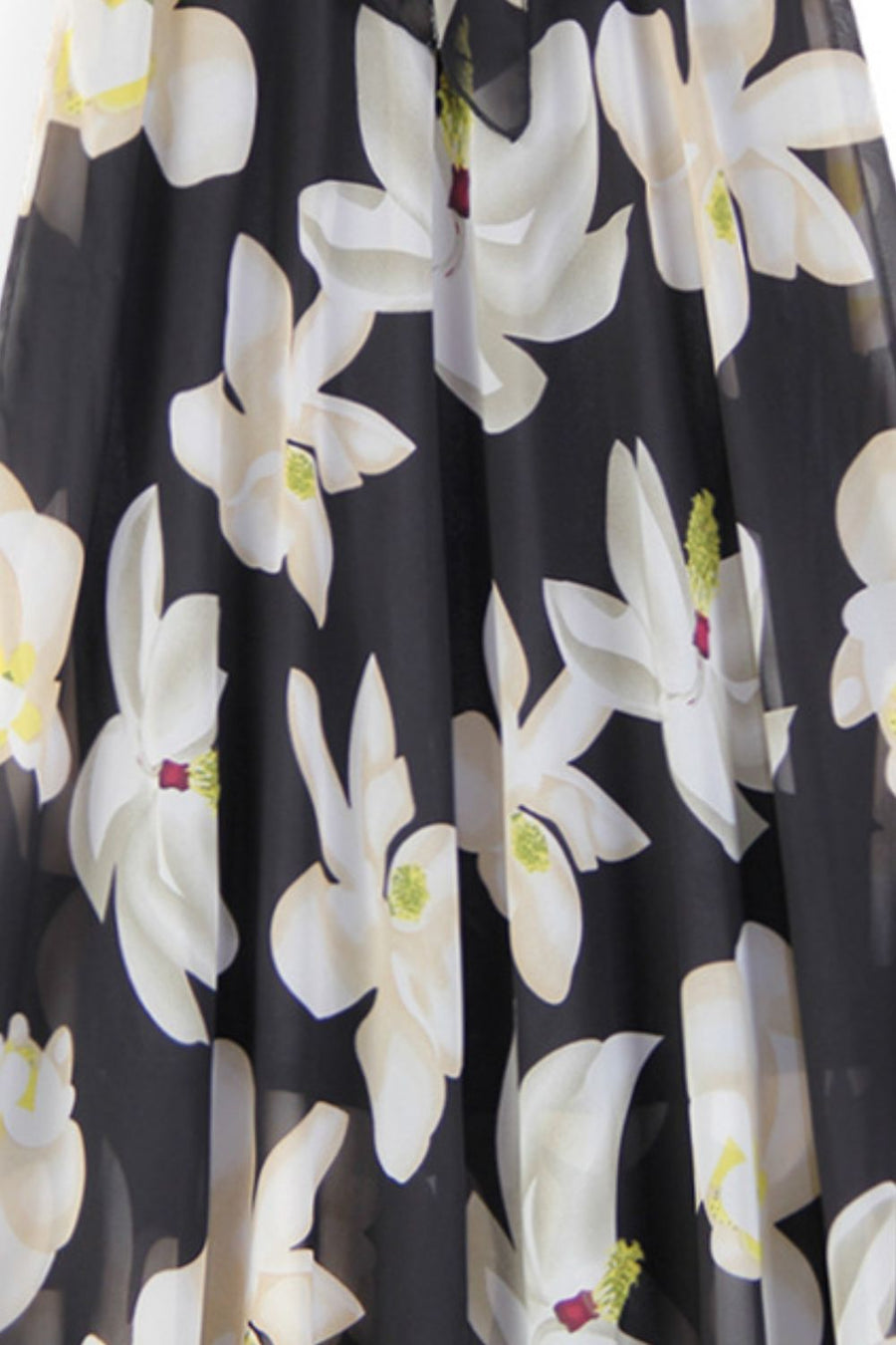 Black chiffon midi skirt with white magnolia print and belted detail