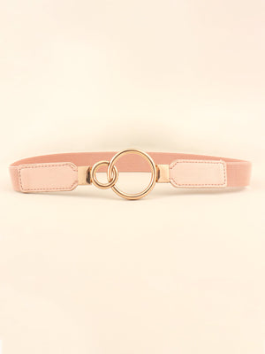 Peach elastic belt with interlocked gold rings and faux leather ends