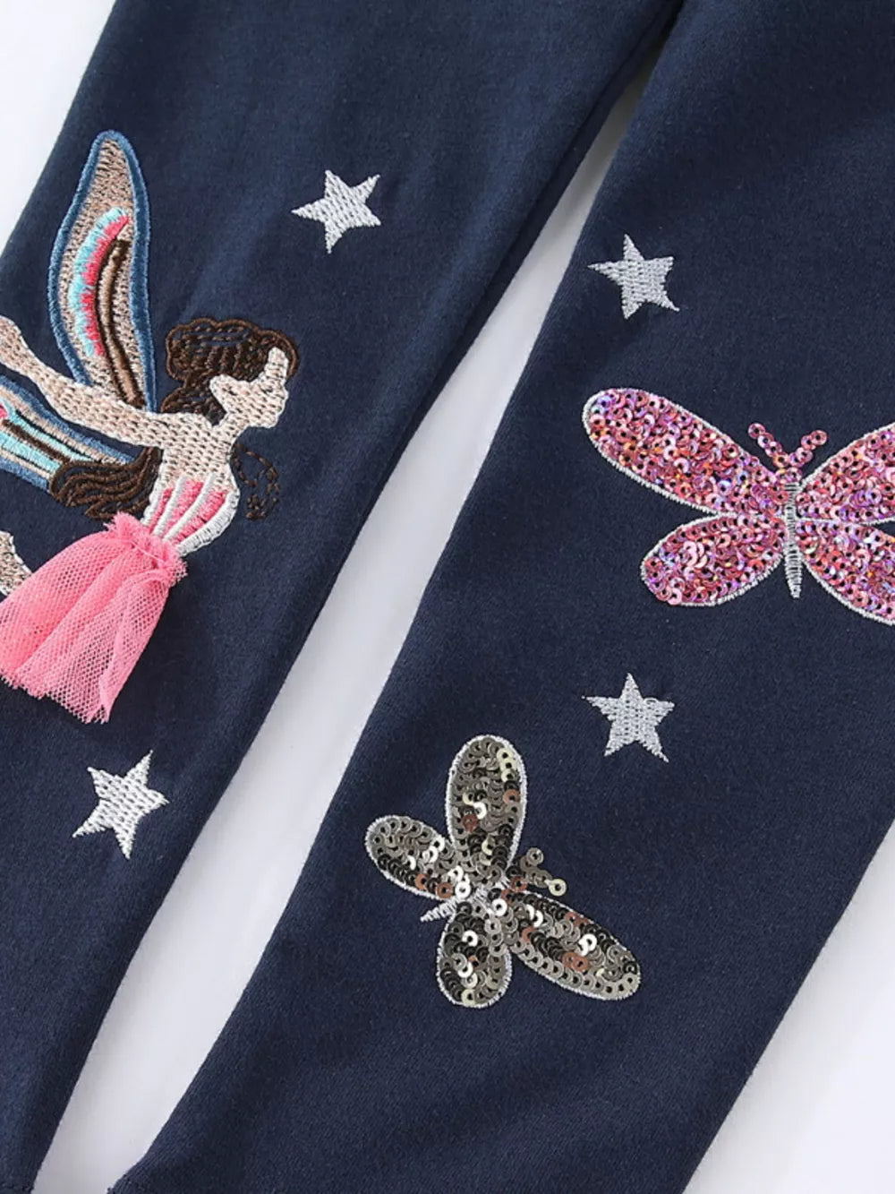 Dark navy cotton baby leggings with fairy, butterfly, and star embroidery and sequins.