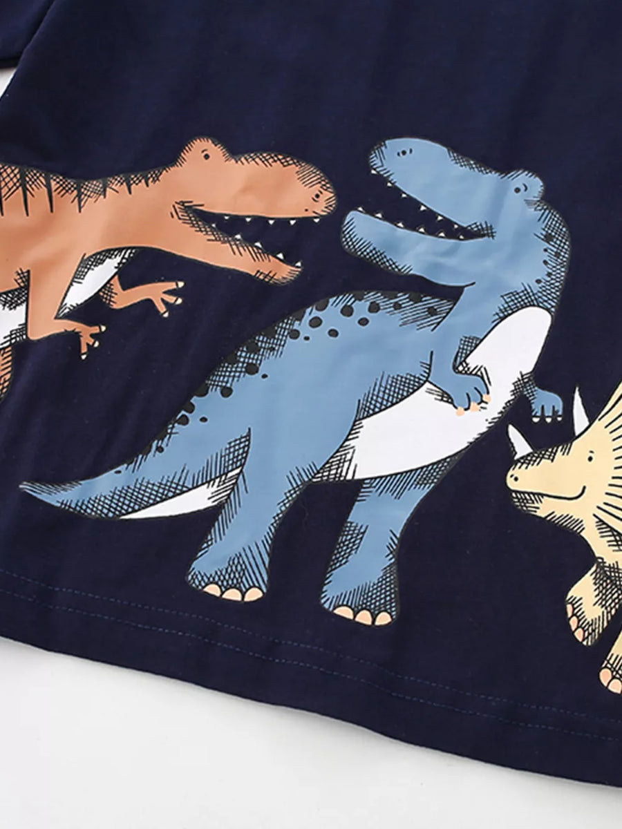 Toddler t-shirt with navy blue cotton and a playful dinosaur print.