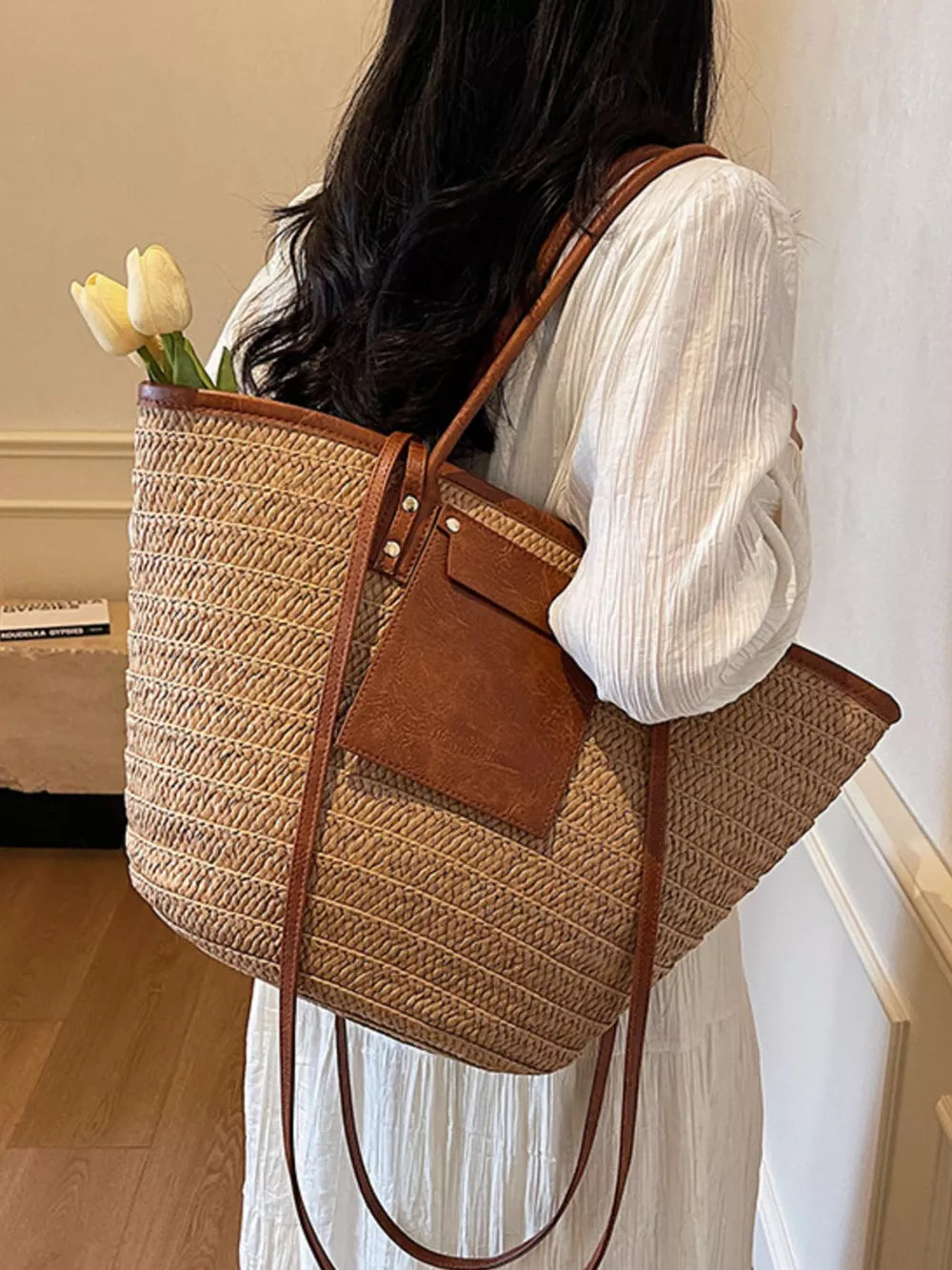 Straw Woven Shoulder Bag With Leather Accents in Khaki