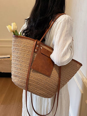Straw Woven Shoulder Bag With Leather Accents in Khaki
