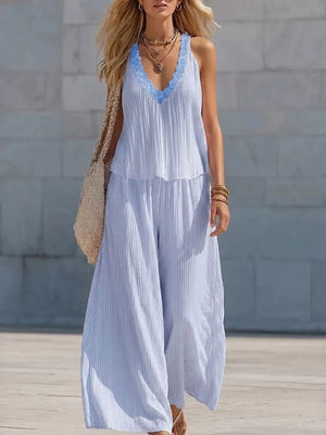 Sky blue striped two-piece set with ruffle trim V-neck tank and wide-leg pants.