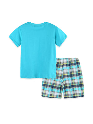 Boys' blue cotton t-shirt and plaid shorts set with elastic waist.