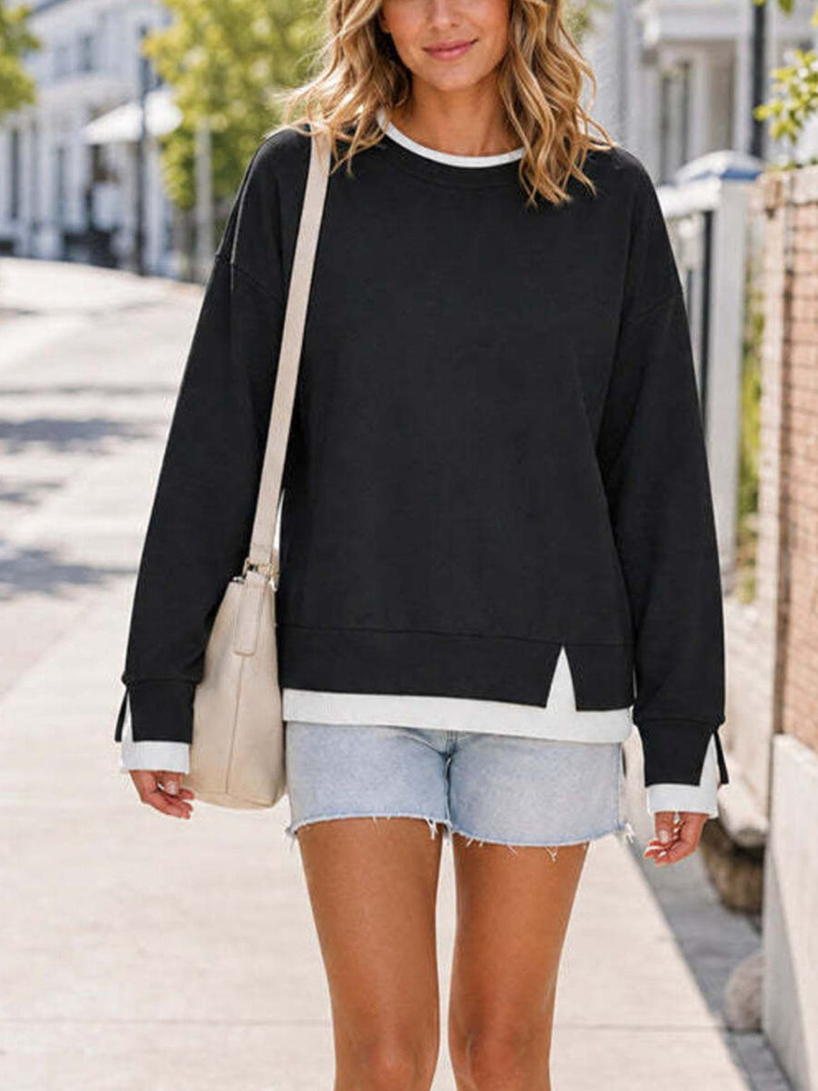 Crewneck Sweatshirt With Contrast Ribbed Trim in light blue with contrast ribbed trim
