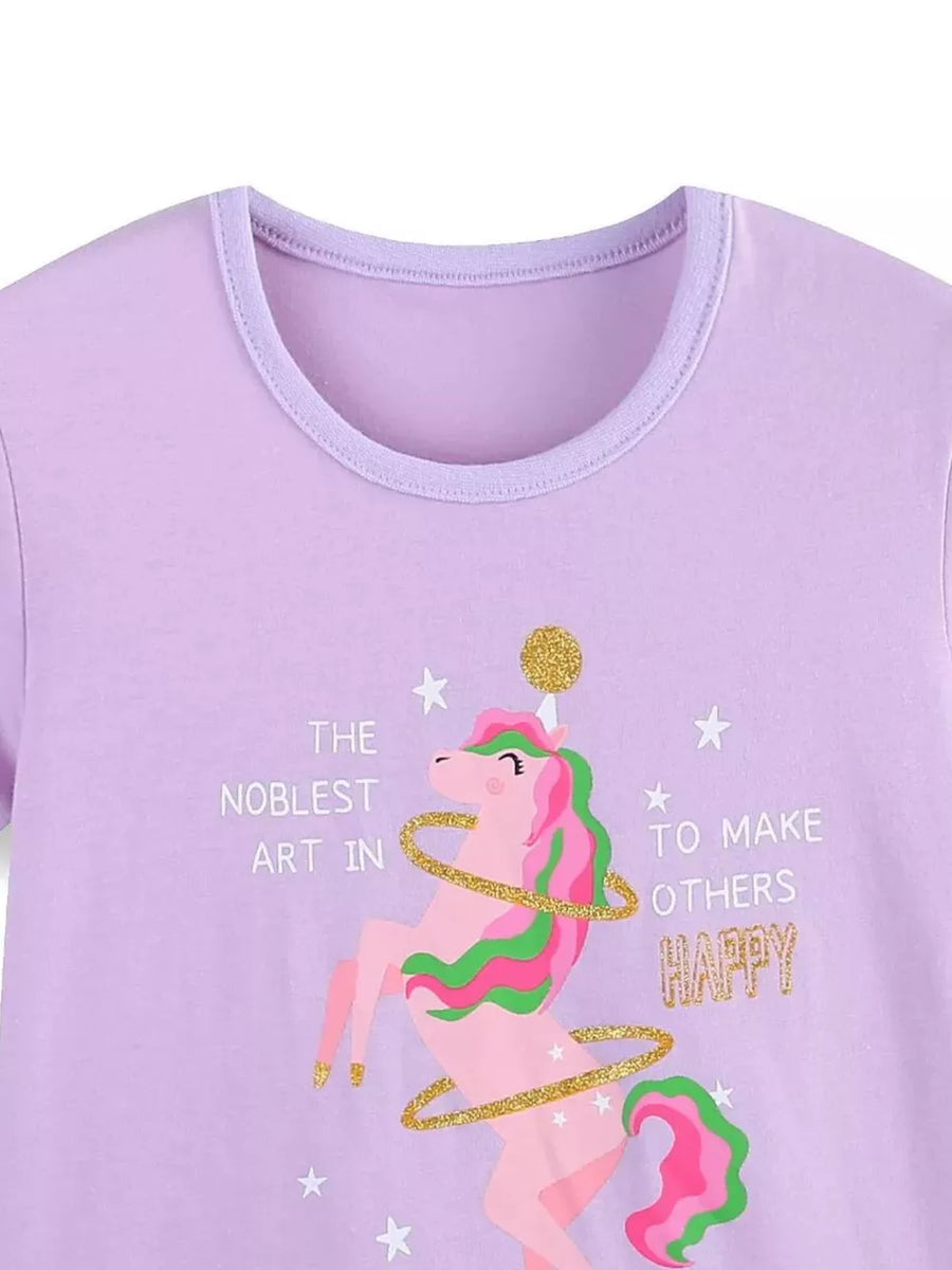 Lavender cotton spandex t-shirt with unicorn graphic and text.