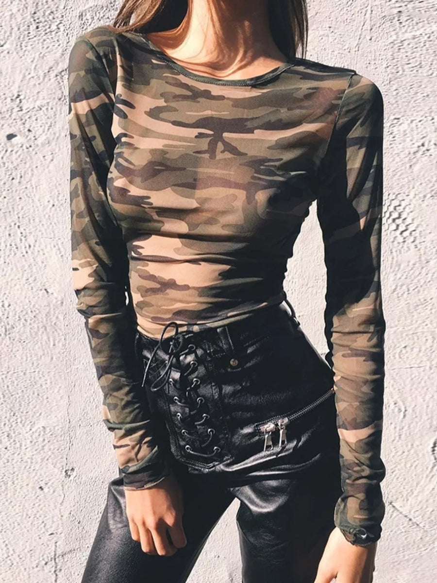 Sheer camouflage long sleeve tee in army green, body-hugging and cropped