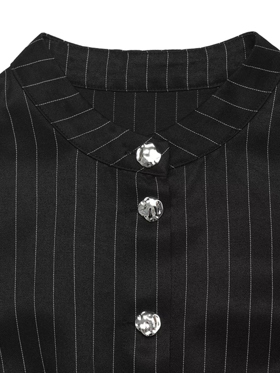 Black fitted peplum top with mandarin collar