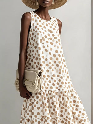 brown maxi dress featuring tiered and polka dot