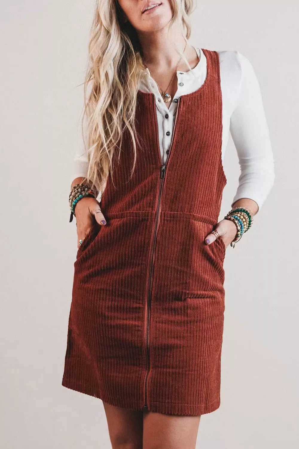 Ribbed Corduroy Zip-up Sleeveless Sheath Dress