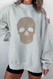 light grey sweatshirt with graphic print and mock neck