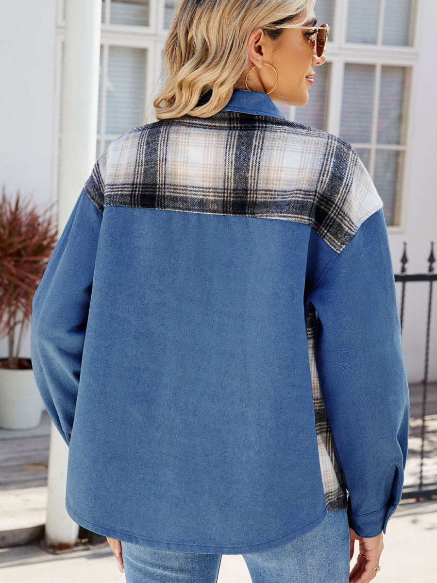 Denim overshirt with plaid patchwork detail on the back yoke in Dusty Blue.