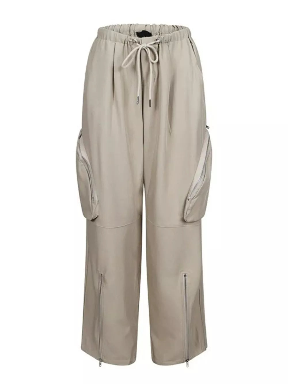 Drawstring Cargo Pants With Zipper Accents in Black