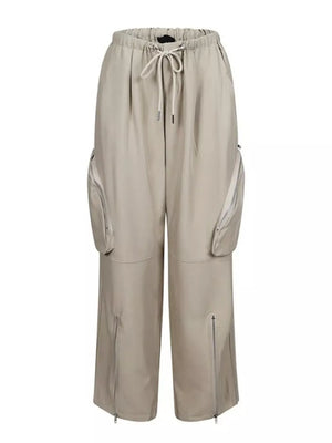 Drawstring Cargo Pants With Zipper Accents in Black