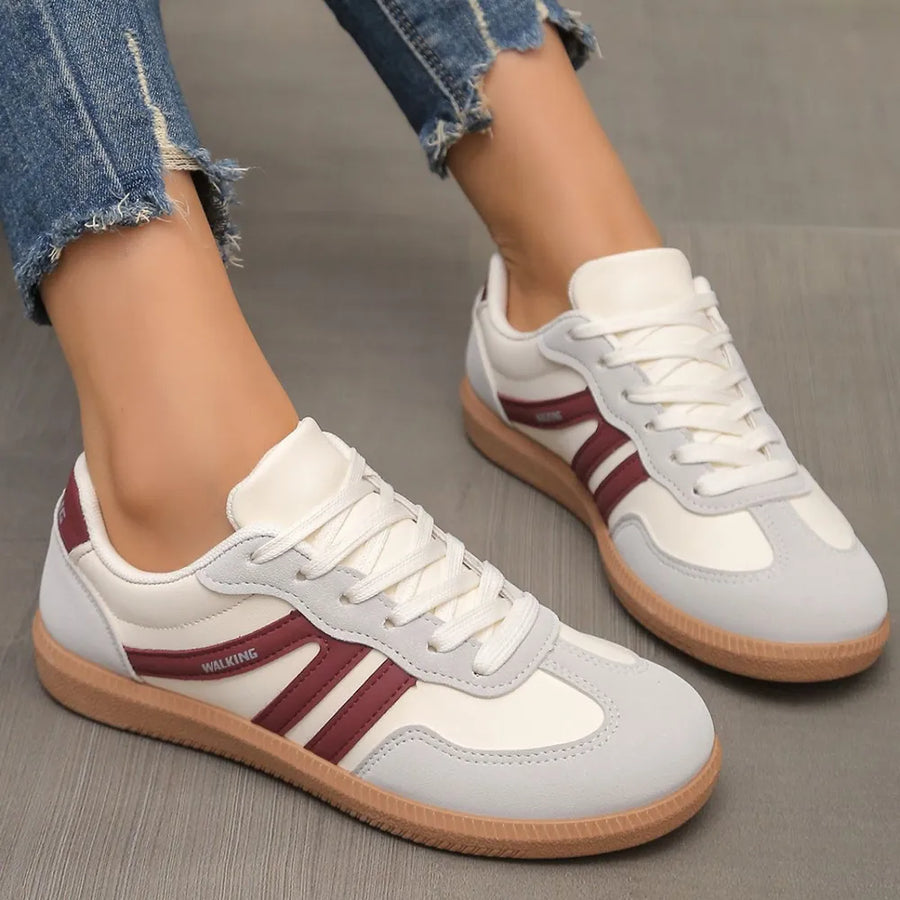 Retro stripe walking sneakers in eggshell with burgundy accents and gum sole.