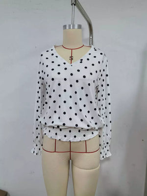 Polka Dot V-neck Smocked Blouse in Black
