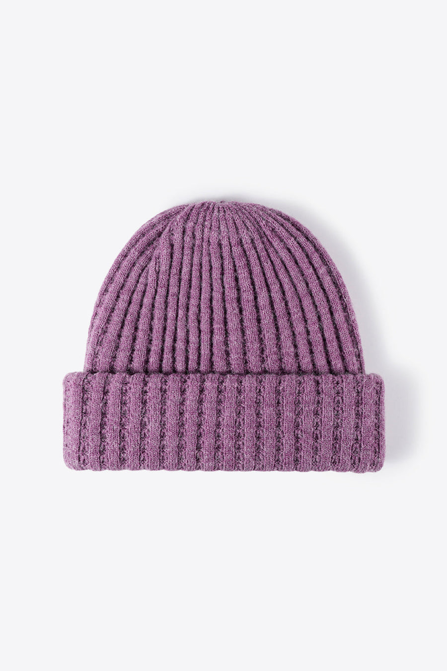 Purple ribbed knit beanie with a cuffed hem.