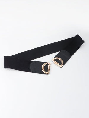 Black elastic belt with double D gold buckle detail