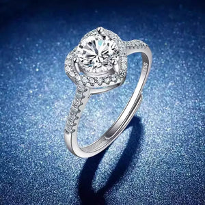 white ring featuring moissanite stone and halo