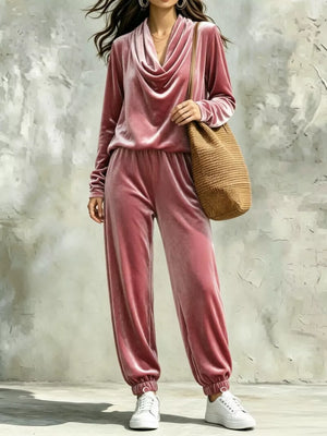 Blue Cowl Neck Top And Joggers Set