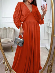 Orange-Red Smocked Ruched Sleeve Maxi Dress
