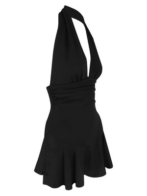 Black halter dress with plunging V-neck, ruched waist, and ruffle hem.