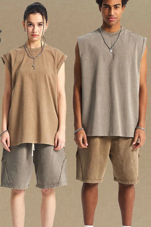 Washed cotton muscle tee in Khaki and Gray, relaxed fit, crew neck, sleeveless.