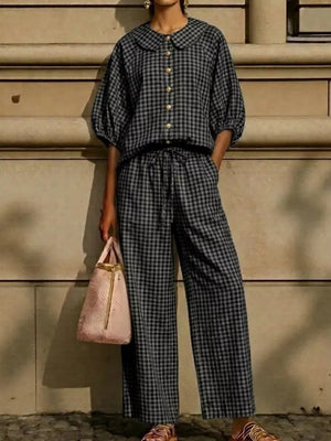 Pink Full Size Plaid Button Up Shirt And Pants Set Plus Size