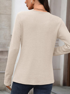 Waffle knit long sleeve t-shirt in apricot with a crew neck.