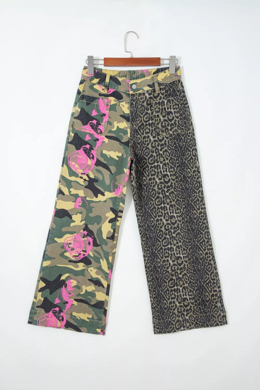 Contrast patchwork jeans with camo floral and leopard prints, wide leg cotton pants.