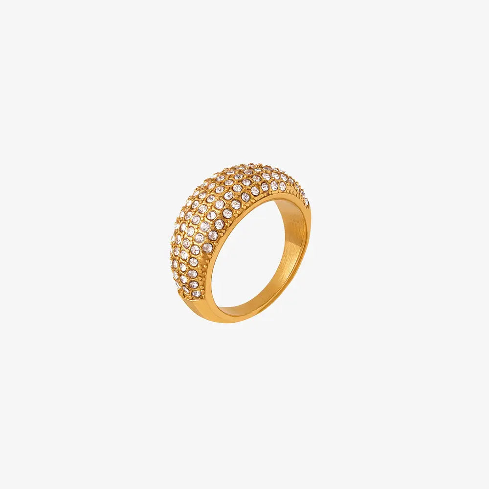 Gold pave dome cocktail ring with clear crystals, 18K gold-plated