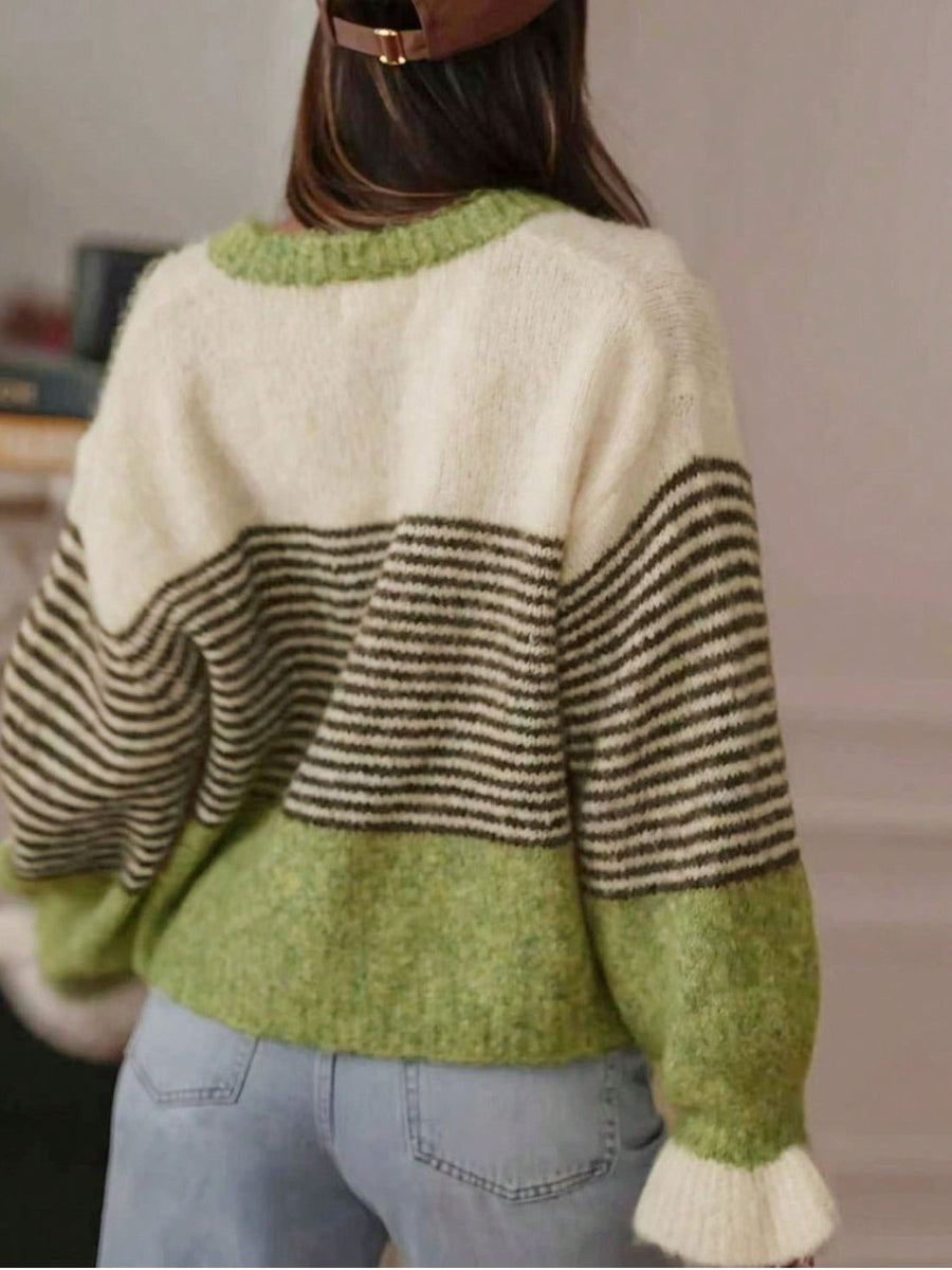Striped Color-Block Button-Down Cardigan in Red